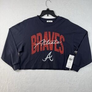 47 Women's Atlanta Braves Navy Muse Sydney Long Sleeve Crop Top T-Shirt Size Med